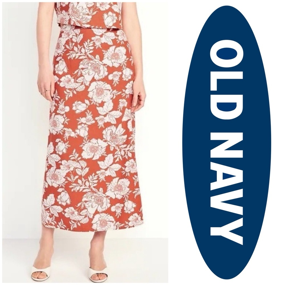Old Navy Maxi Skirt Linen Blend High Waisted Red Floral‎ Tropical Hawaiian 2X